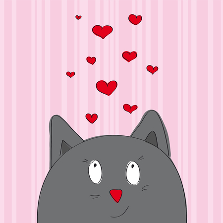 Valentine card with grey cat looking from the bottom of the page - original hand drawn illustrationのイラスト素材