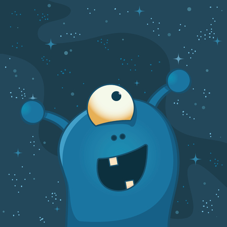 Cute and happy alien with one big eye. Deep space behind him. Funny cartoon illustration.のイラスト素材