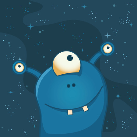 Cute and happy alien with three eyes. Deep space behind him. Funny cartoon illustration.のイラスト素材