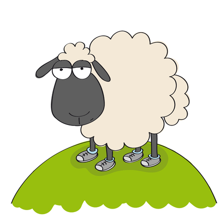 Dull sheep in shoes, standing on the hill and looking stupid - original hand drawn funny cartoon illustrationのイラスト素材