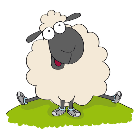 Cute sheep in shoes, sitting on the hill and looking happy - original hand drawn funny cartoon illustrationのイラスト素材