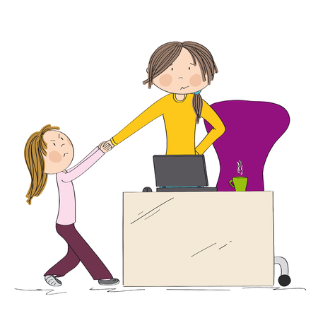 Little girl fighting mother's attention, tugging her hand. Mum wants to work on her laptop, but her daughter won't let her. Hand drawn illustration.のイラスト素材