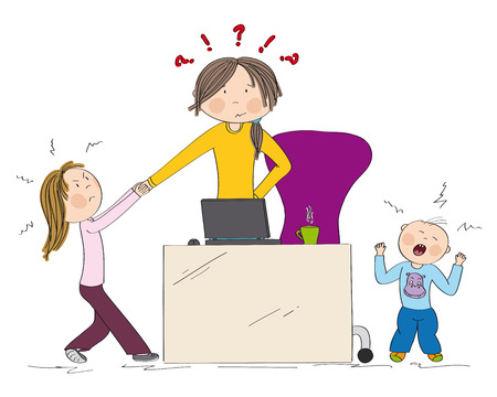 Naughty kids (sibling) fighting mother's attention. Jealous girl tugging her hand, little toddler boy crying. Mum wants to work on her laptop but they won't let her. Hand drawn illustration.のイラスト素材