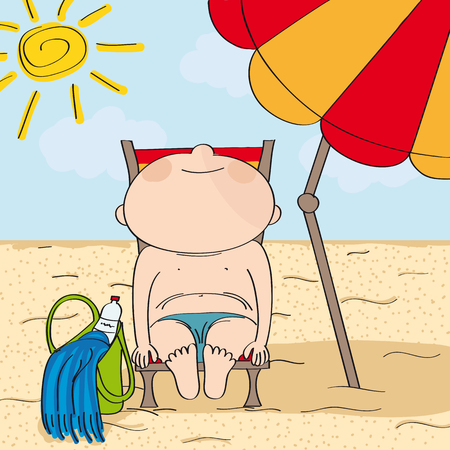 Man sunbathing on the beach, relaxing on the sunbed under the parasol - original hand drawn illustration.のイラスト素材
