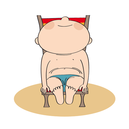 Man sunbathing on the beach, relaxing on the sunbed under the parasol - original hand drawn illustration.のイラスト素材