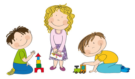 Happy preschool children. Little boy is kneeling on the floor building bricks, cute girl with curly hair is standing and holding a picture and smiling boy is playing with choo choo train.のイラスト素材