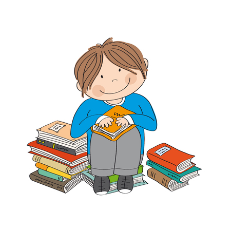 Cute little boy sitting on the pile of books, surrounded of books, enjoying reading - original hand drawn illustrationのイラスト素材