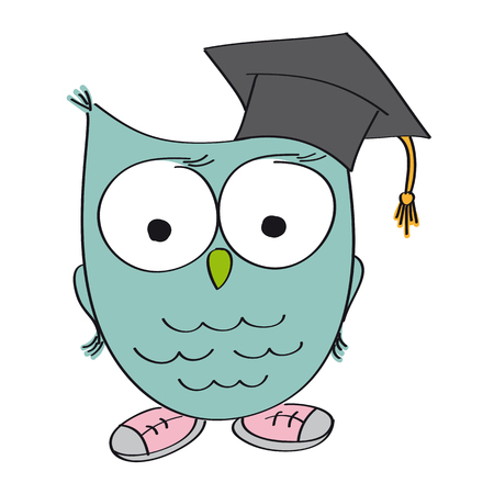 Wise owl with graduation cap on the head. The bird is wearing shoes. Original funny hand drawn illustration.のイラスト素材