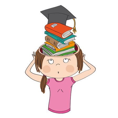 Knowledge and education. Girl or young woman standing and holding her head, horrified expression on her face. She has a pile of books with graduation cap on top in her head instead of her brain.のイラスト素材