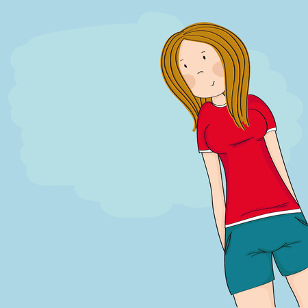 Happy teenage girl looking down at the camera and smiling, blue sky behind her - copy space for your text - original hand drawn illustrationのイラスト素材