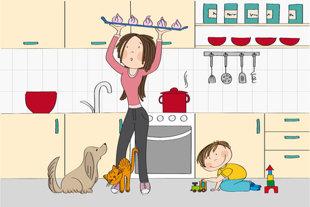 Young and pretty woman (mother) cooking in the kitchen with dog, cat and her child (little boy) standing in her way - original hand drawn illustrationのイラスト素材