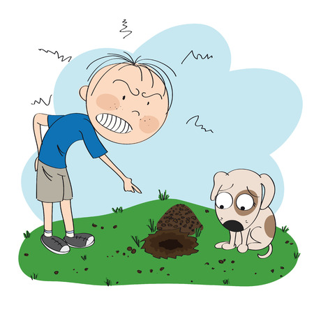 Boy or a man angry with his dog, pointing his finger at the digged hole in the lawn in his garden, puppy is looking sorry for his bad behavior  - original hand drawn illustrationのイラスト素材