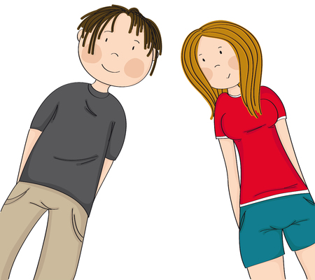 Two happy teenagers, boy and girl looking down at the camera and smiling - original hand drawn illustrationのイラスト素材
