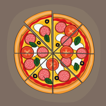 Tasty looking sliced salami pizza with tomatos, mozzarella, olives and basil - original hand drawn illustration.のイラスト素材