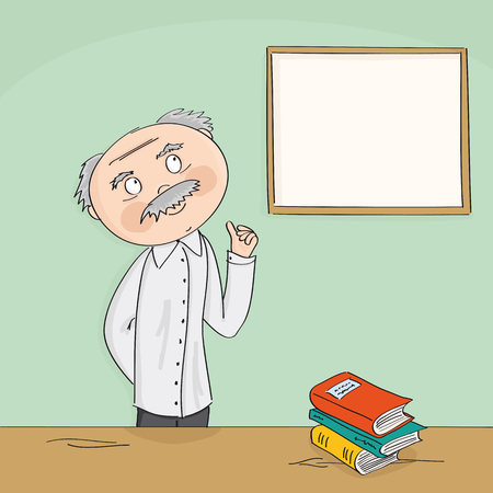 Wise old academic professor teaching in front of the white board. College class or university teacher standing behind the desk in the classroom. Copy space for your text.のイラスト素材