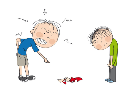 Father angry with his son, pointing his finger at broken cup on the floor, boy is looking sad, waiting to be punished  - original hand drawn illustrationのイラスト素材