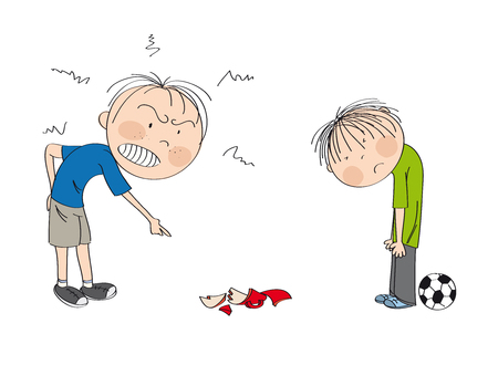 Father angry with his son, pointing his finger at broken cup on the floor smashed by football, boy is looking sad, waiting to be punished - original hand drawn illustrationのイラスト素材
