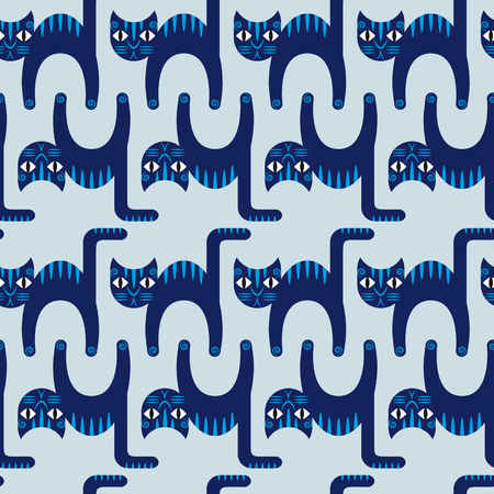 Modern seamless background with blue striped cat pattern, suitable for printing on textile, fabric, canvas, jersey and other material.のイラスト素材