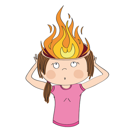 Woman is holding her burning head. Flames instead of brain. Overwork or headache concept. Original hand drawn illustration.のイラスト素材