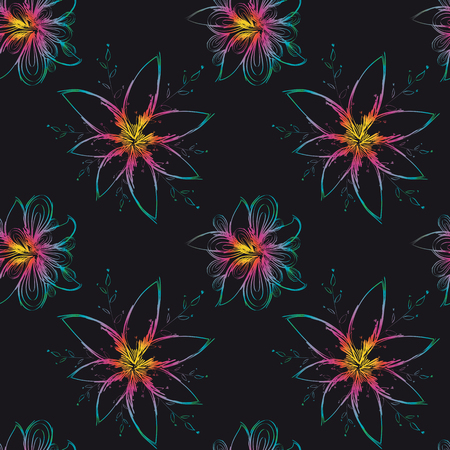 Modern seamless background with colorful hand drawn flower pattern, suitable for printing on textile, fabric, canvas, jersey and other material.のイラスト素材