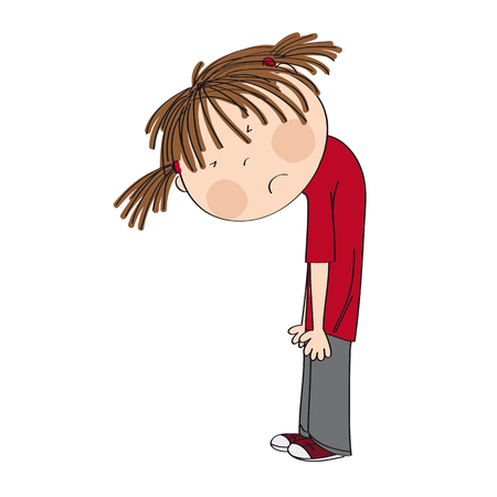 Very sad and depressed little girl, standing with her back bent down looking lonely - original hand drawn illustrationのイラスト素材