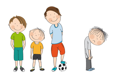 Three boys with ball,  ready to play football / soccer, the fourth boy is standing with his back bent down looking unhappy, wants to be their friend. Original hand drawn illustration.のイラスト素材