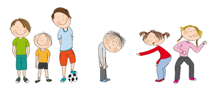 Three boys with ball ready to play football / soccer, two girls bullying sad boy, sneering, offending him. He wants to have friends. Original hand drawn illustration of aggression between children.のイラスト素材