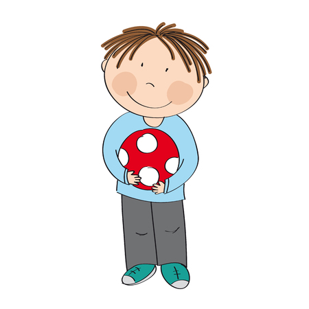 Happy cute little boy with ball - original hand drawn illustrationのイラスト素材