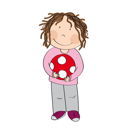 Happy cute little girl with ball - original hand drawn illustrationのイラスト素材