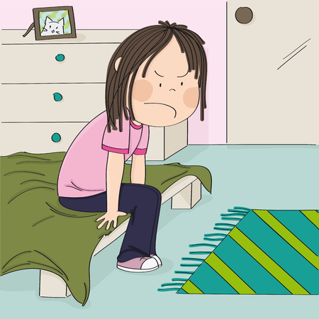 Annoyed and unhappy teenage girl sitting on the bed in her children's room, thinking about the injustice of her adolescent life. Original hand drawn illustration.のイラスト素材