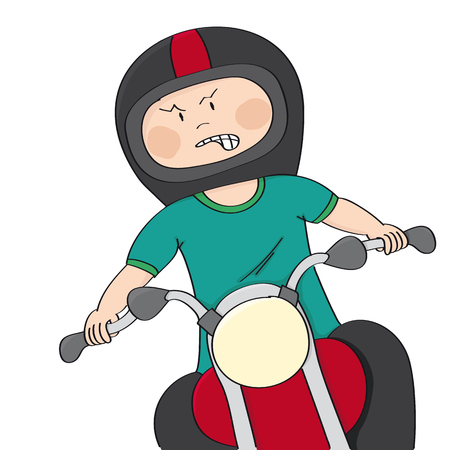 Angry mad biker riding a bike - original hand drawn funny cartoon illustrationのイラスト素材