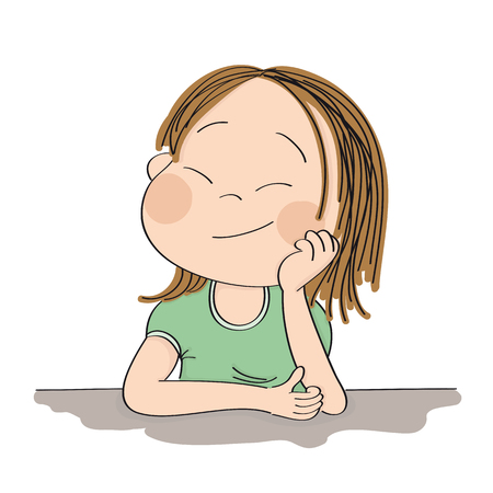 Small cute girl daydreaming, imagining something- original hand drawn illustrationのイラスト素材