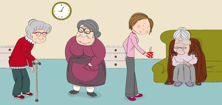 Three senior women, old ladies, cute grandmothers in the senior rest house. Young carer nurse bringing a cup of tee or coffee. Original hand drawn illustration.のイラスト素材