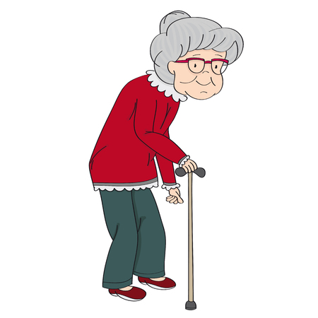 Old grey-haired senior lady, retired woman, granny with walking stick. Original hand drawn illustration.のイラスト素材