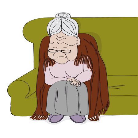 Very old grey-haired senior woman, granny, sitting on the sofa, sleeping and snoring. She has a blanket around her downbent back. Original hand drawn illustration.のイラスト素材