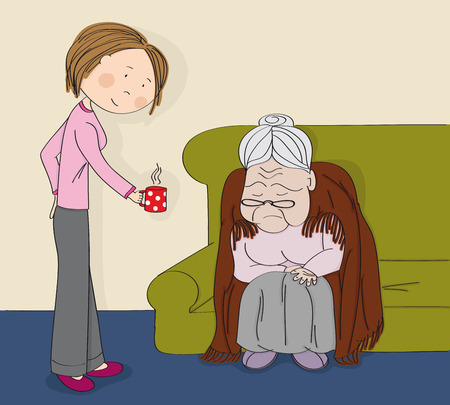 Very old grey-haired senior woman, granny, sitting on the sofa, sleeping and snoring. Young cheerful woman nurse carer bringing her a cup of tee or coffee. Original hand drawn illustration.のイラスト素材