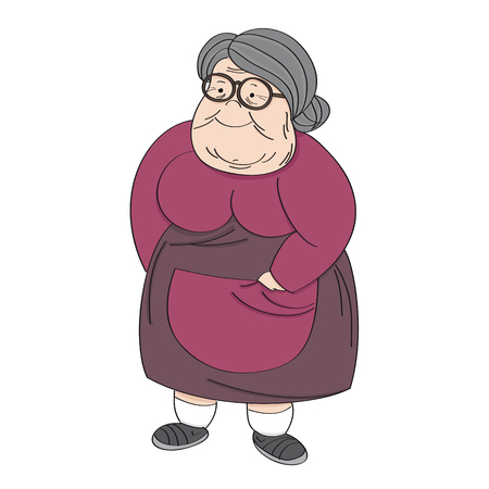 Old cheerful grey-haired obese senior woman, standing and smiling. Original hand drawn illustration.のイラスト素材