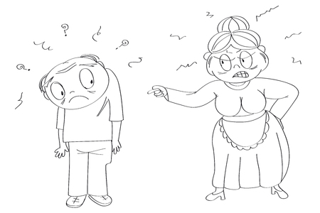 Spouses quarrel or domestic violence concept. Old lady full of rage, angry with her husband, shouting at him, pointing her finger, starting a quarrel. Original funny hand drawn illustration.のイラスト素材