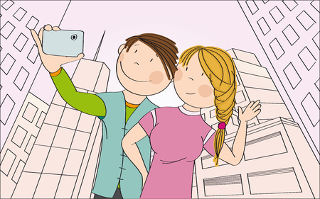 Young happy couple taking selfie in the city. Original hand drawn illustration.のイラスト素材