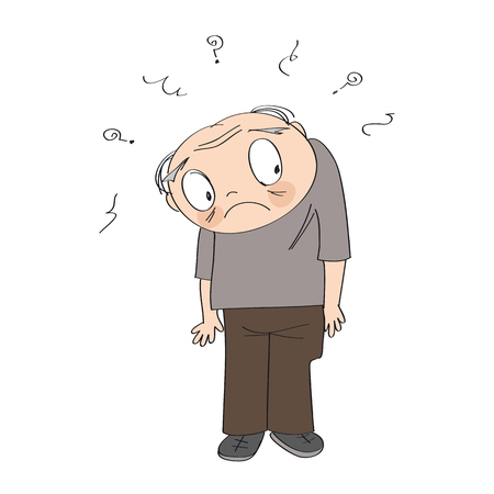 Frustrated old man, standing and feeling lonely and lost. Original funny hand drawn illustration.のイラスト素材