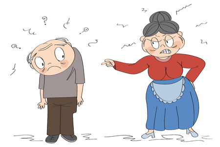 Spouses quarrel or domestic violence concept. Old lady full of rage, angry with her husband, shouting at him, pointing her finger, starting a quarrel. Original funny hand drawn illustration.のイラスト素材