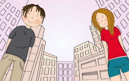 Two happy teenagers, boy and girl looking down at the camera and smiling, big city behind them - original hand drawn illustrationのイラスト素材