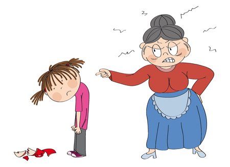 Old woman, granny, angry with her granddaughter pointing at her. Broken cup laying on the floor. Girl is looking sad, waiting to be punished. Original hand drawn illustration.のイラスト素材