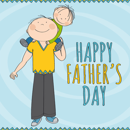Happy father's day - happily smiling father carrying little child, his son, on his shoulders. Cute boy is smiling. Original hand drawn illustration.のイラスト素材
