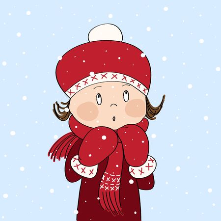 Cute little girl in winter outfit, looking up, watching falling snow - original hand drawn illustrationのイラスト素材