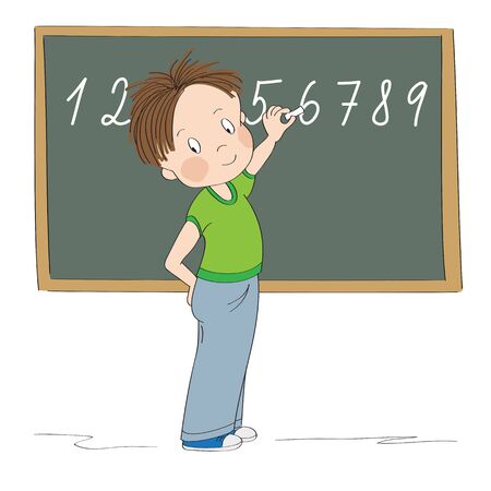 Cute little boy standing in front of the blackboard, writing numbers with chalk, smiling happily - original hand drawn cartoon illustrationのイラスト素材