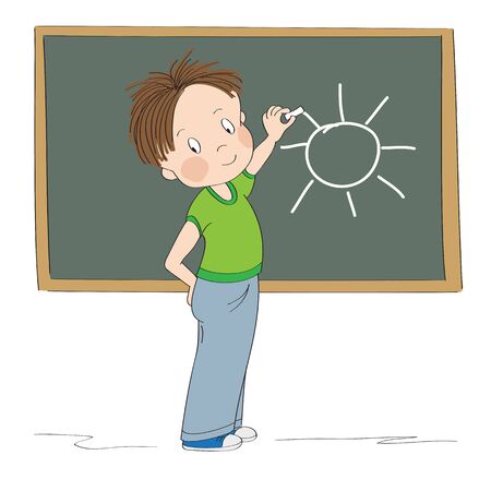 Cute little boy standing in front of the blackboard, drawing sun with chalk, smiling happily - original hand drawn cartoon illustrationのイラスト素材