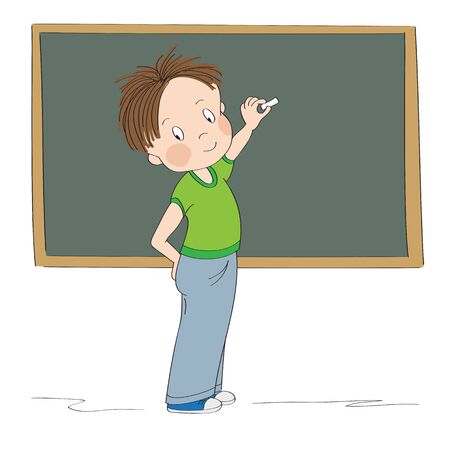 Cute little boy standing in front of the blackboard, showing something with chalk, preparing to draw or write, smiling happily - original hand drawn cartoon illustrationのイラスト素材