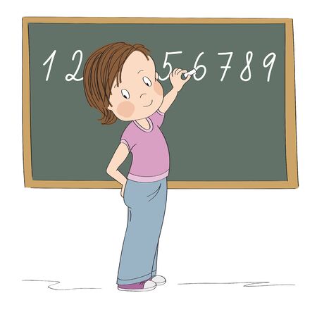 Cute little girl standing in front of the blackboard, writing numbers with chalk, smiling happily - original hand drawn cartoon illustrationのイラスト素材