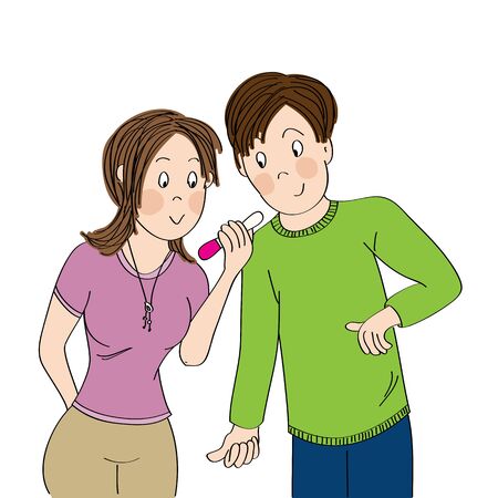 Happy young couple looking at the positive pregnancy test - original hand drawn illustrationのイラスト素材